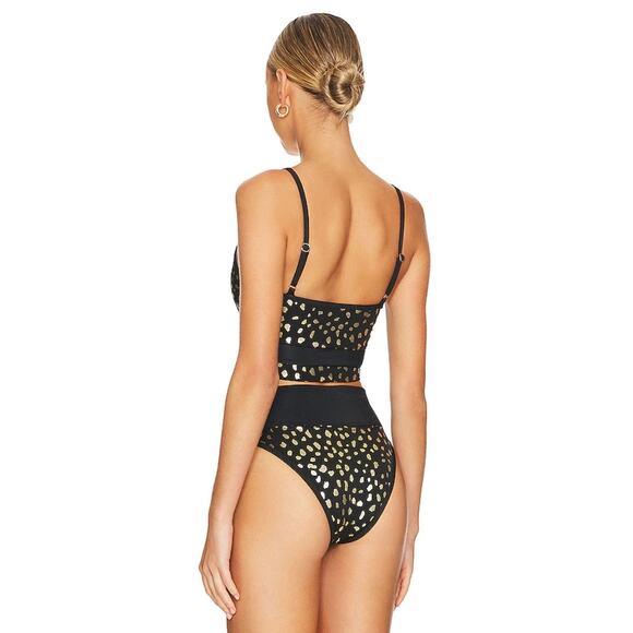 Beach Riot High Rise Cheeky Emmy Ribbed Bikini Bottoms in Black Gold Spot XS - Picture 2 of 8